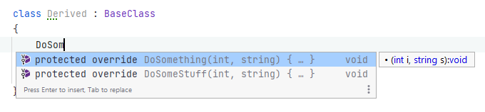 JetBrains Rider: Completion suggestion for method override JetBrains Rider: Completion suggestion for method override