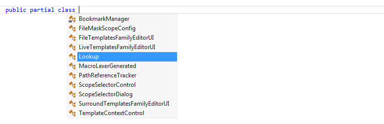 Suggestions for existing partial classes in JetBrains Rider code completion Suggestions for existing partial classes in JetBrains Rider code completion