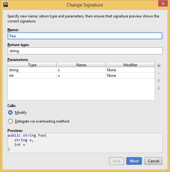 JetBrains Rider Change Signature wizard JetBrains Rider Change Signature wizard