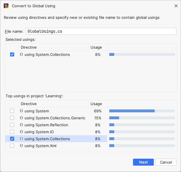 JetBrains Rider: 'Convert to Global Using' refactoring JetBrains Rider: 'Convert to Global Using' refactoring