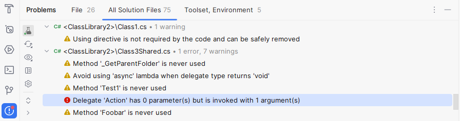 JetBrains Rider: Problems window. Errors in Solution view JetBrains Rider: Problems window. Errors in Solution view
