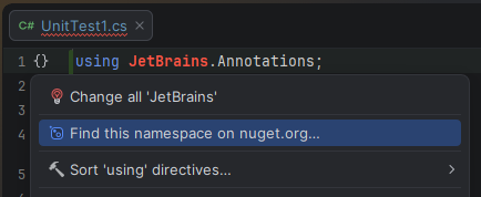 JetBrains Rider: A quick-fix that automatically fetches JetBrains.Annotations package from NuGet JetBrains Rider: A quick-fix that automatically fetches JetBrains.Annotations package from NuGet