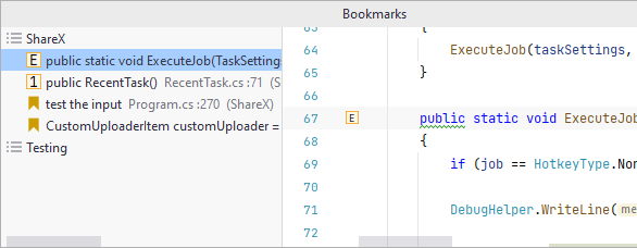 JetBrains&nbsp;Rider: Line bookmarks in the Bookmarks popup