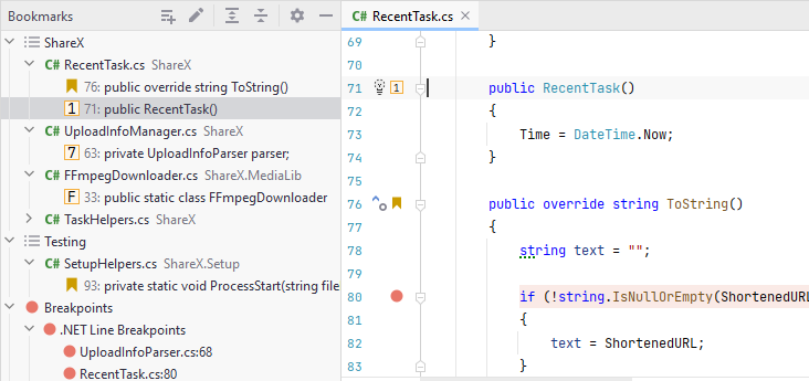 JetBrains&nbsp;Rider: Bookmarks tool window