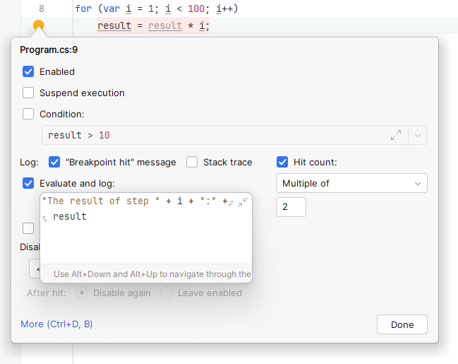 JetBrains Rider: evaluating expressions on tracepoint JetBrains Rider: evaluating expressions on tracepoint