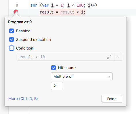 JetBrains Rider: breakpoints. hit count JetBrains Rider: breakpoints. hit count