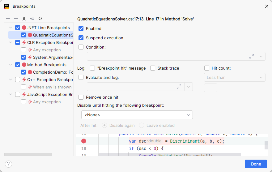 JetBrains&nbsp;Rider: Breakpoints dialog