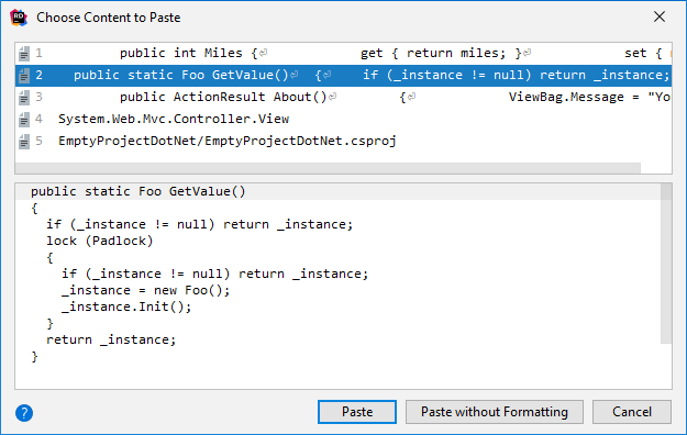 JetBrains&nbsp;Rider: Choose Content to Paste dialog