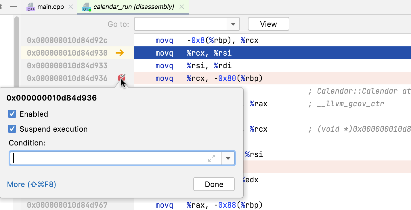 Address breakpoint context menu Address breakpoint context menu