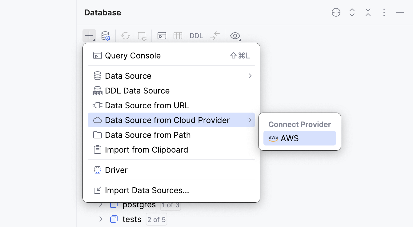 Selecting AWS from the cloud provider submenu in Database tool window Selecting AWS from the cloud provider submenu in Database tool window