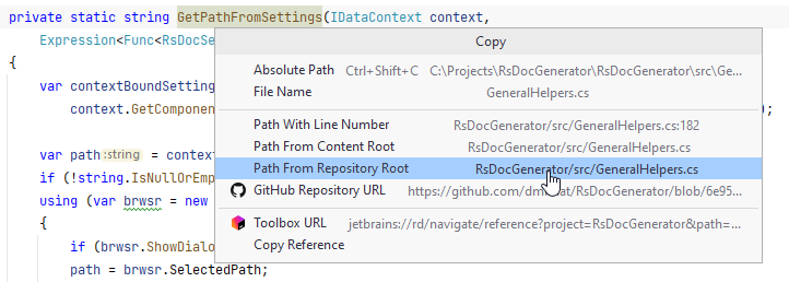 JetBrains&nbsp;Rider: Copy Path / Reference popup