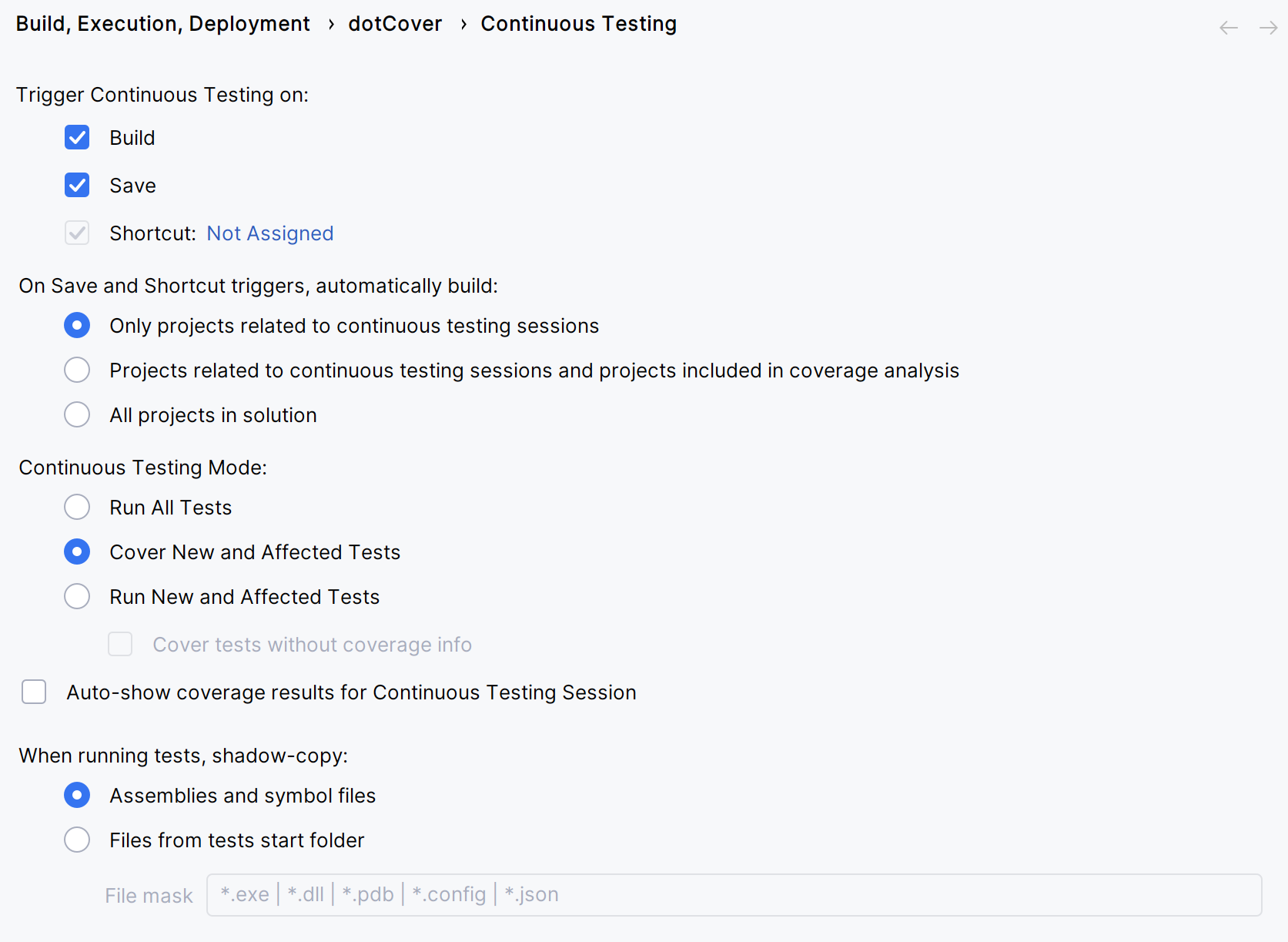 JetBrains Rider: Continuous Testing settings JetBrains Rider: Continuous Testing settings