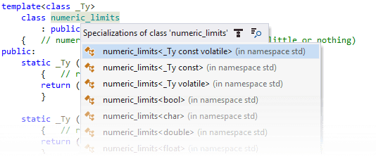 Navigating to specializations of a template Navigating to specializations of a template