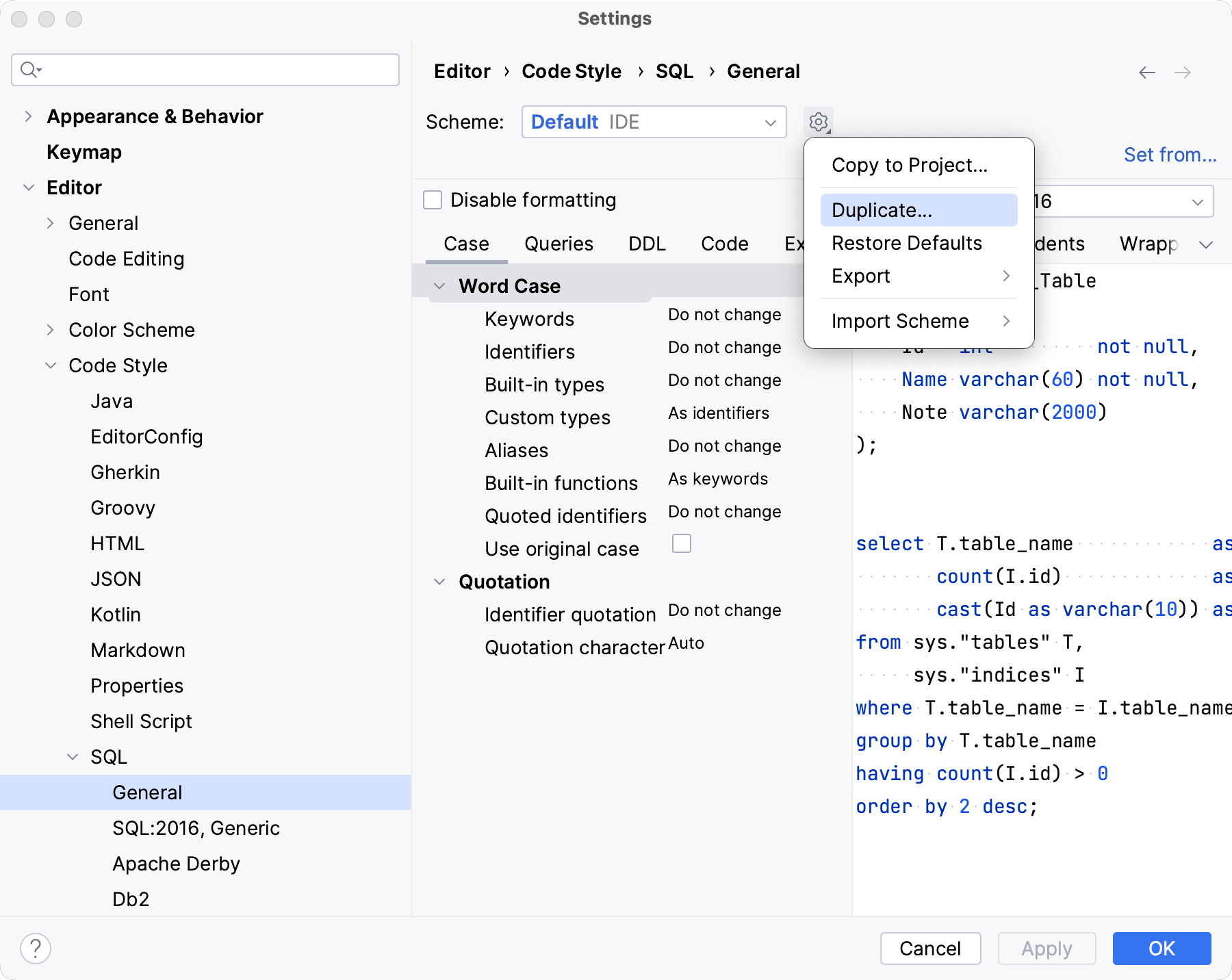 Create a code style for SQL Create a code style for SQL