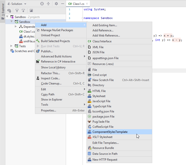 JetBrains&nbsp;Rider: Creating a file from template