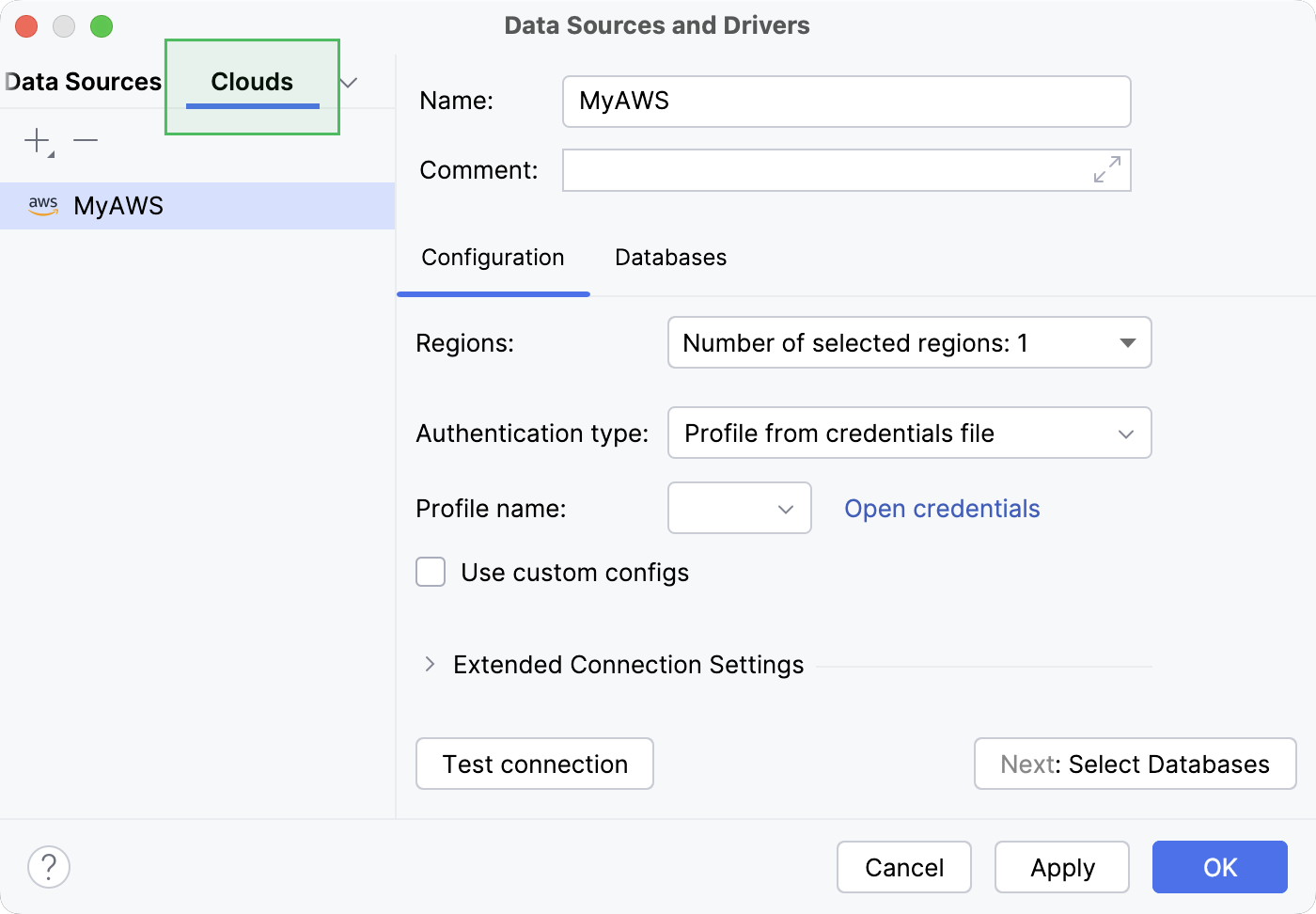 Cloud tab in the Data Source and Drivers dialog Cloud tab in the Data Source and Drivers dialog
