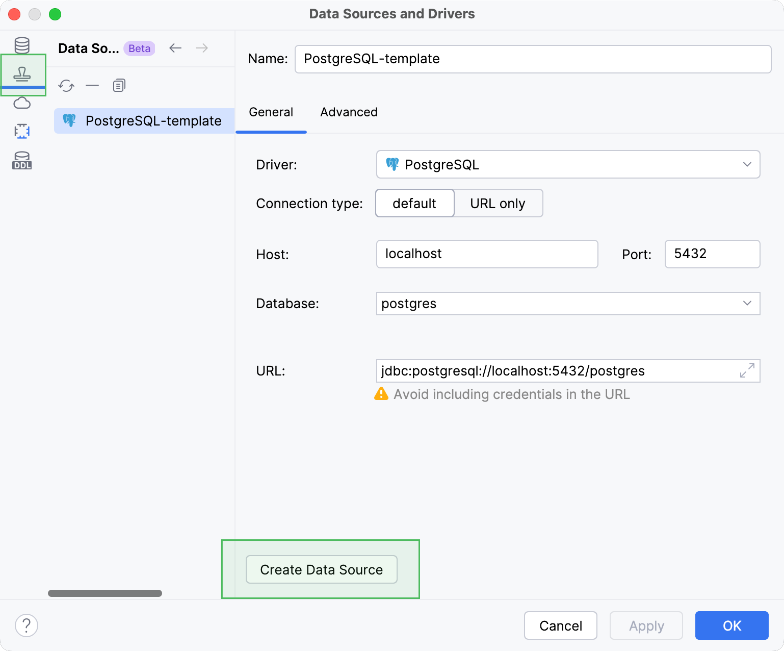 The Create Data Source button in the Data Source Templates tab The Create Data Source button in the Data Source Templates tab