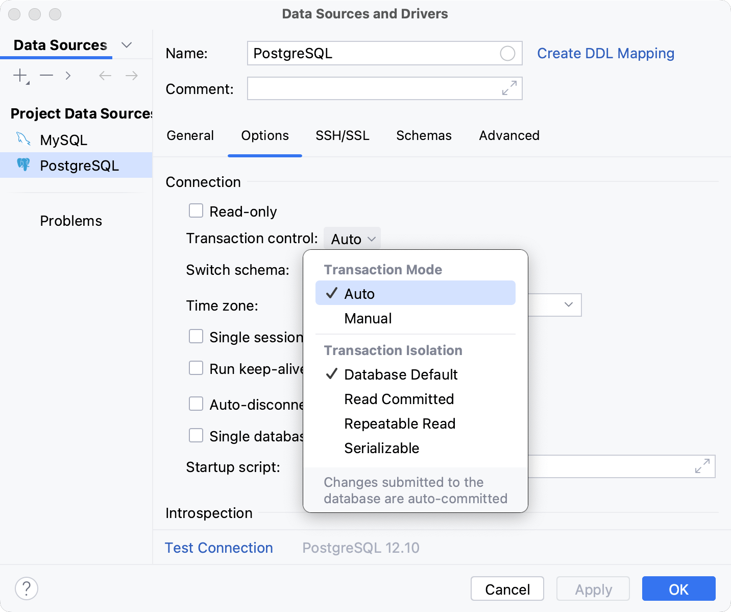 Default transaction mode for a data source Default transaction mode for a data source