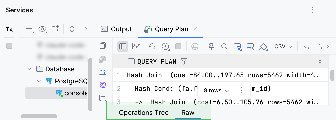 The Raw button on the left toolbar of the Query Plan tab The Raw button on the left toolbar of the Query Plan tab