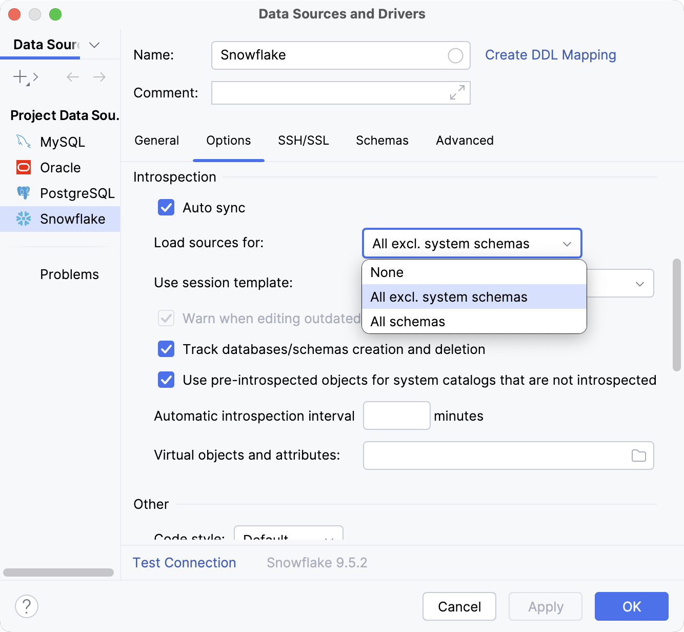 Select the category of schemas that database object sources are loaded for
