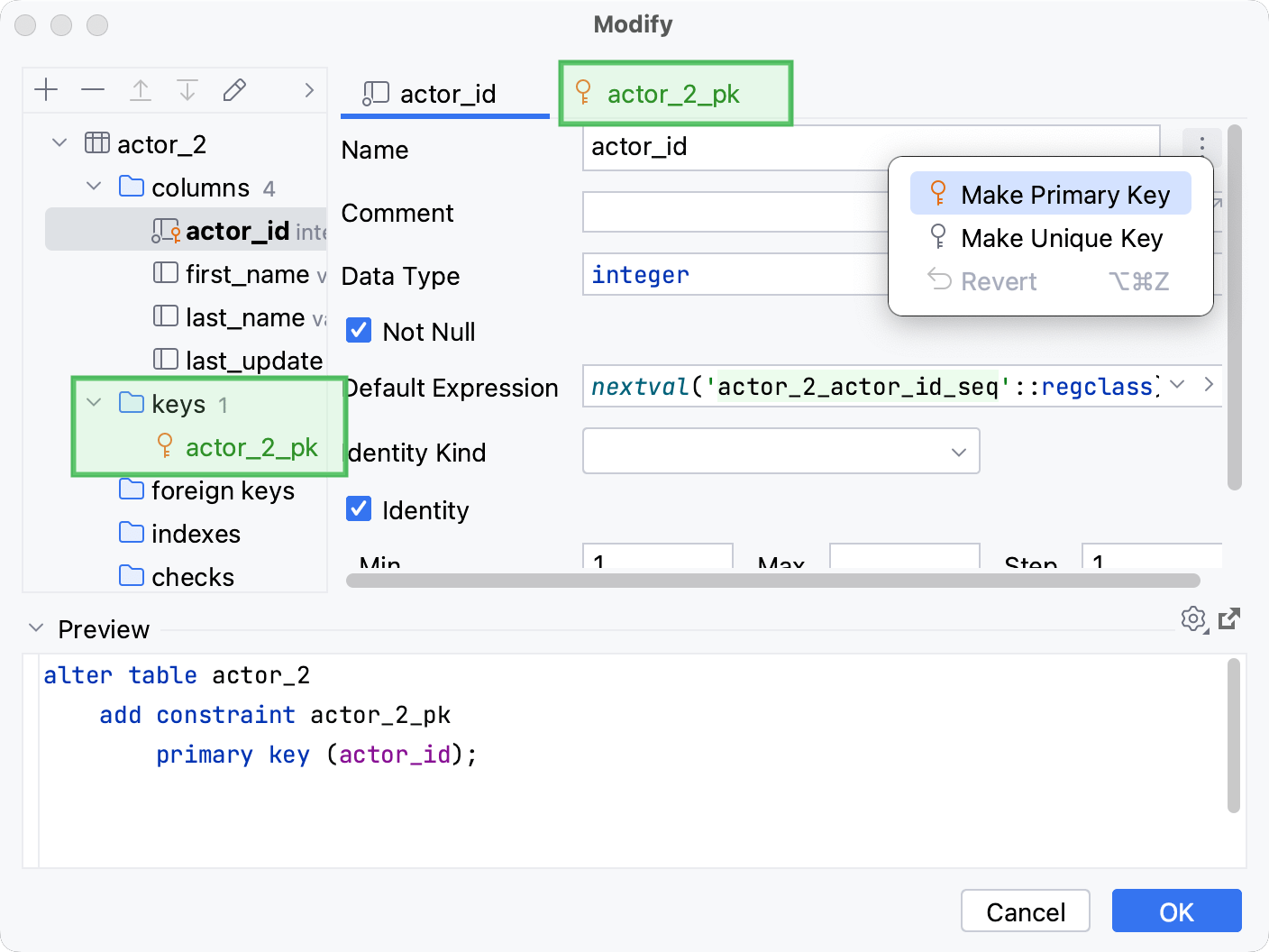 Make a column a primary key Make a column a primary key