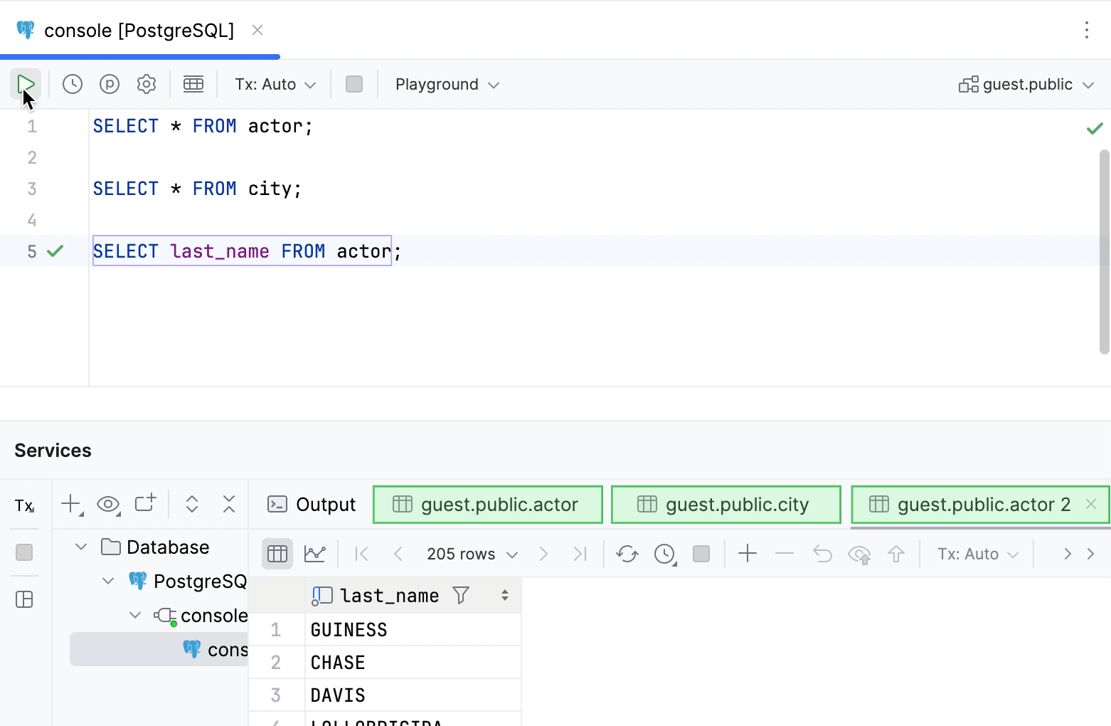 The results of the SELECT statements in the tabs of Services tool window The results of the SELECT statements in the tabs of Services tool window