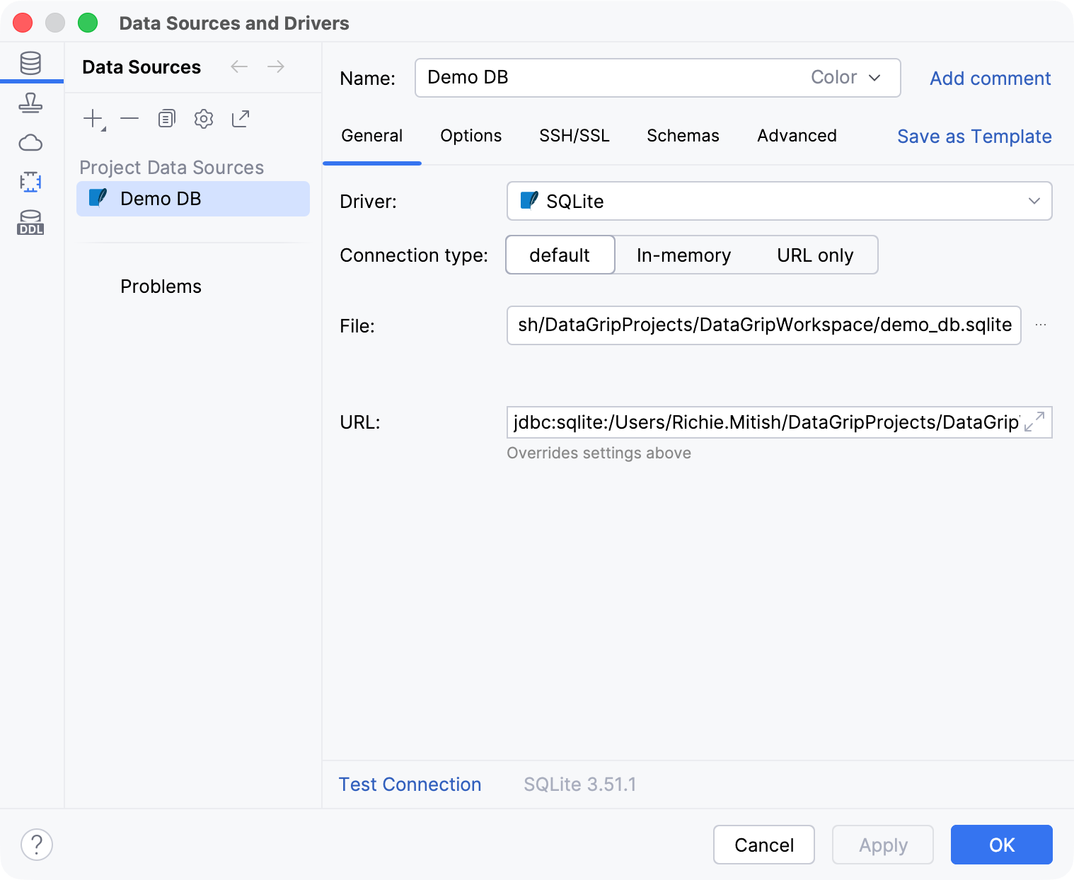 Settings of a new data source in the Data Source and Drivers dialog