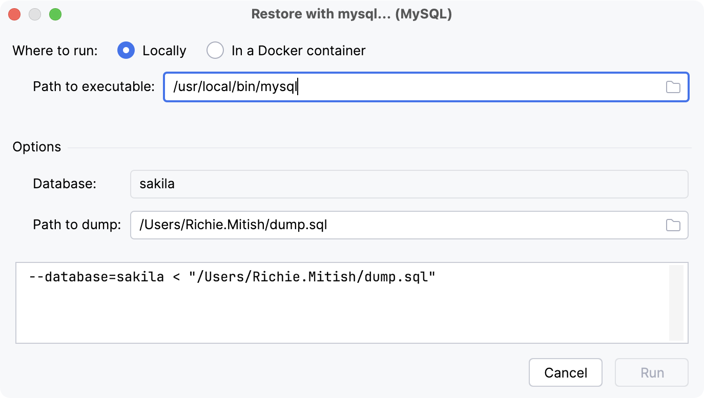 the Restore with mysql dialog