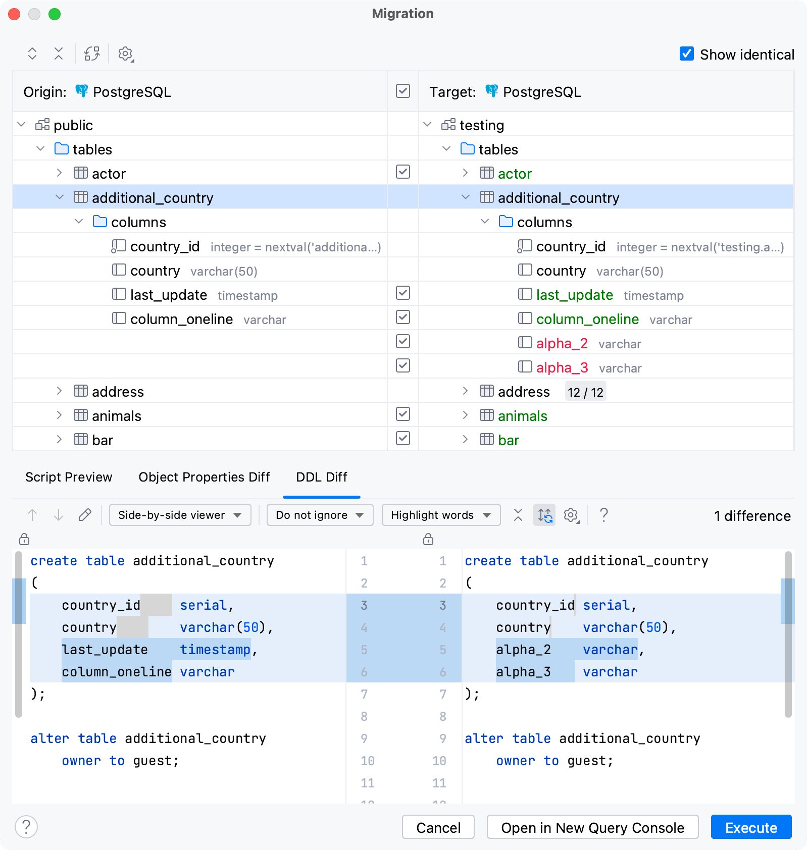 Compare the structure in Migration dialog Compare the structure in Migration dialog