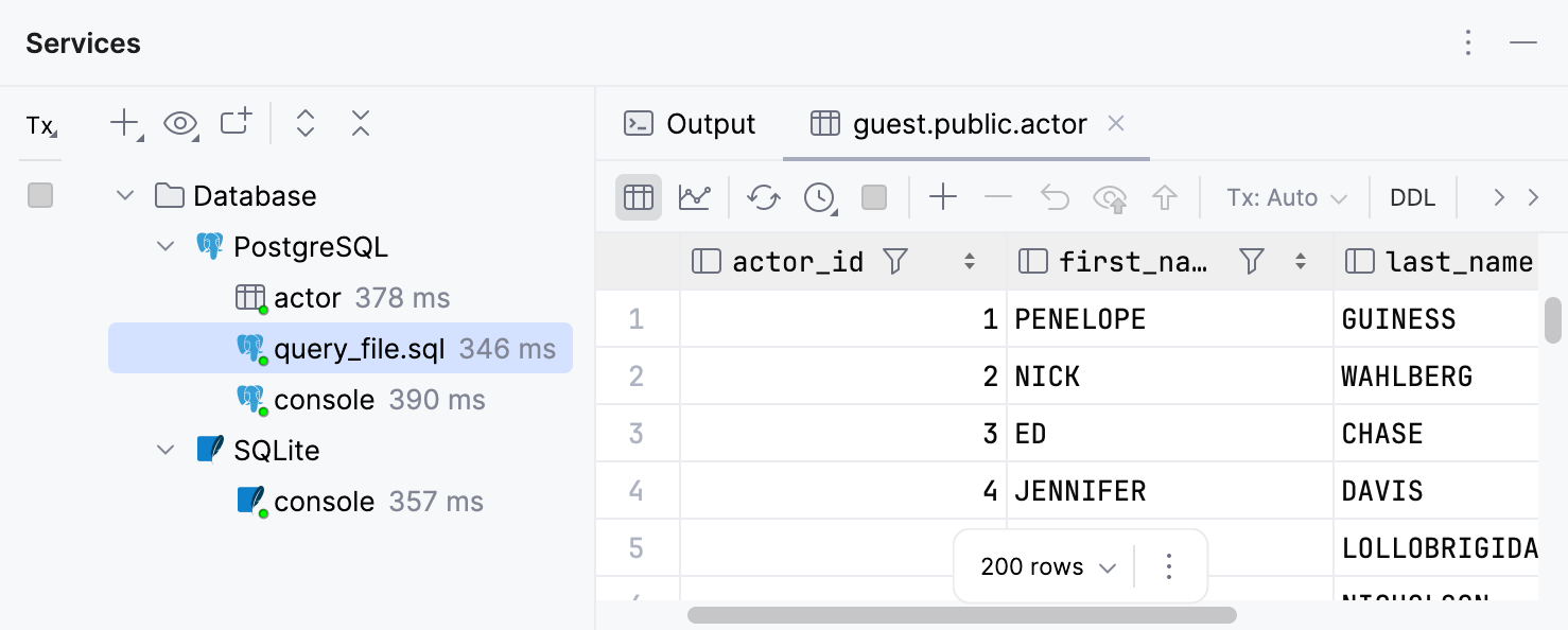 Database services in the Services tool window