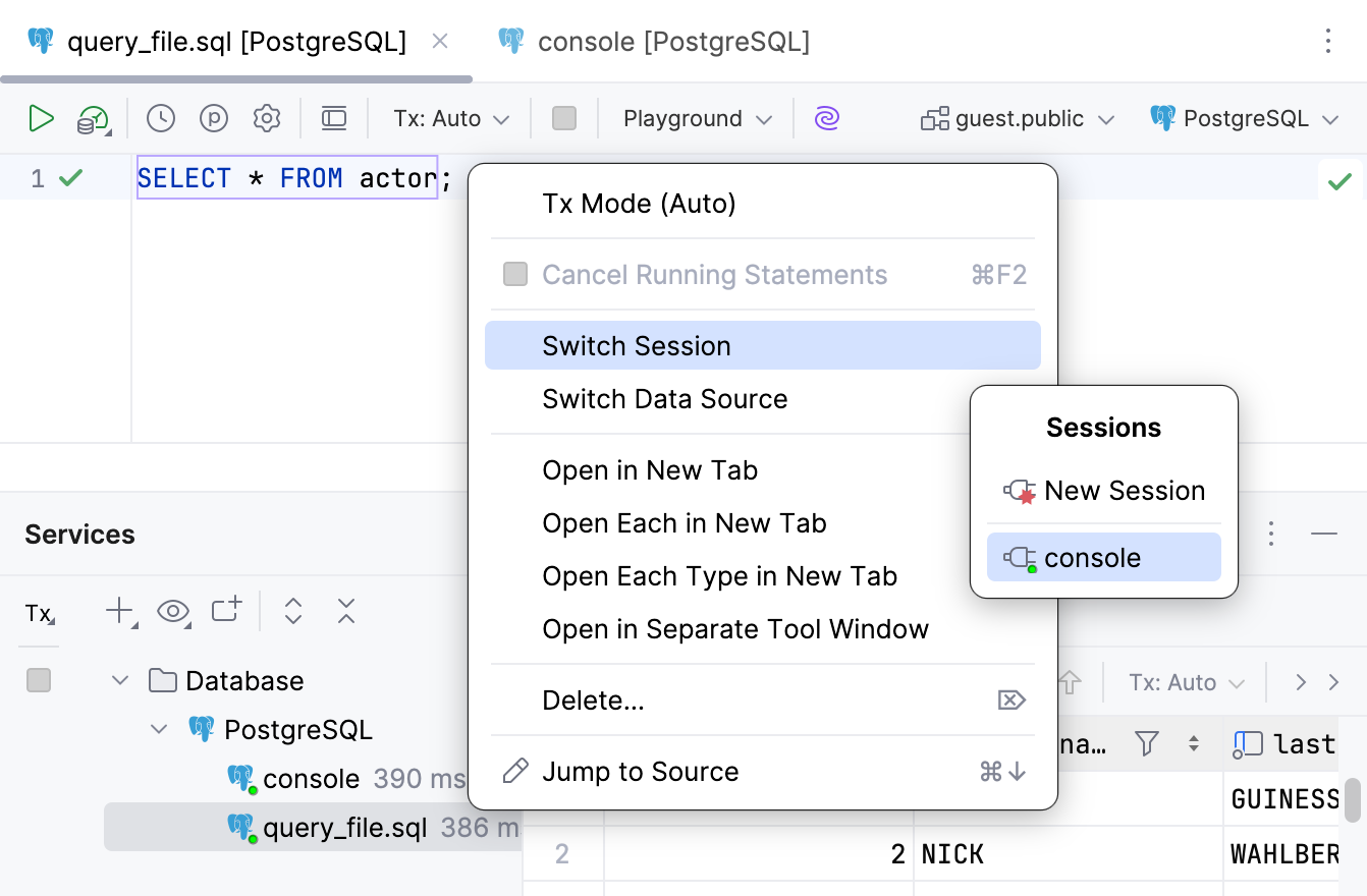 Switch sessions for an SQL file in the Services tool window Switch sessions for an SQL file in the Services tool window