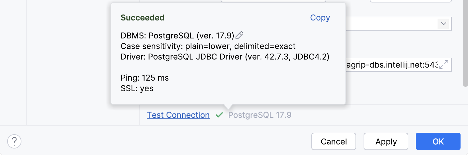 Successful connection to the database
