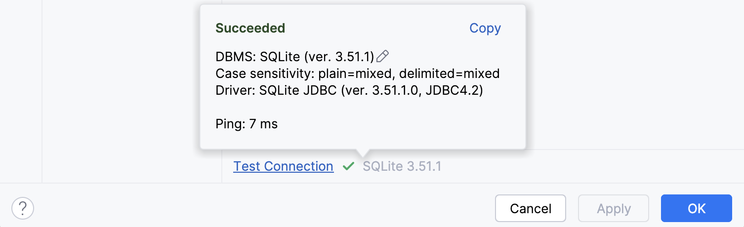 Successful connection to the database
