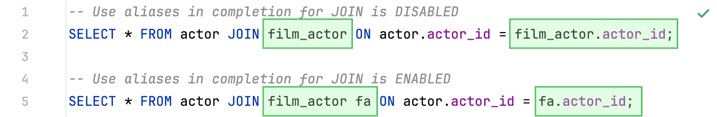 Use aliases in completion for JOIN Use aliases in completion for JOIN