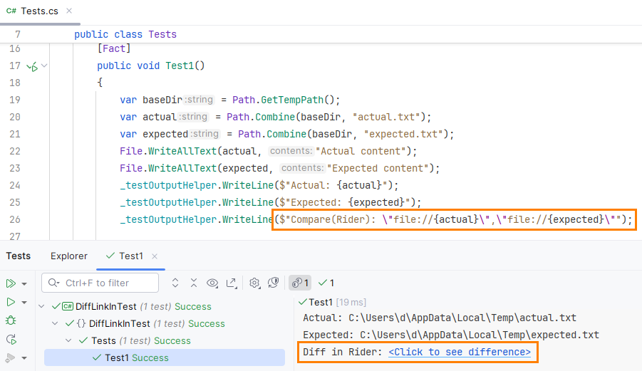 JetBrains Rider: Link to file diff from the test output JetBrains Rider: Link to file diff from the test output
