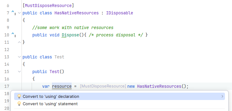 JetBrains Rider: Dispose analysis. Enforce 'using' directive JetBrains Rider: Dispose analysis. Enforce 'using' directive