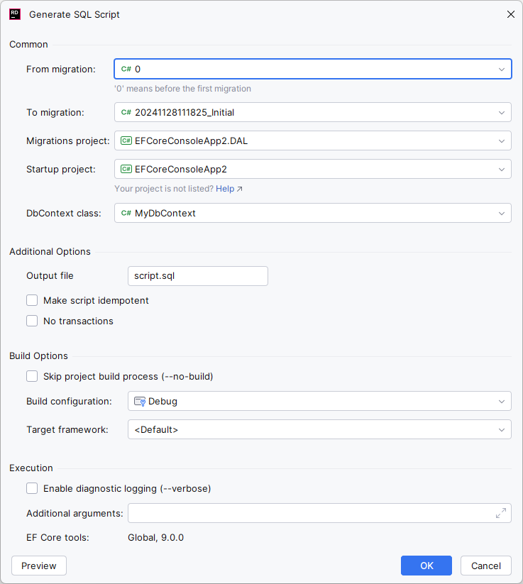 JetBrains Rider: Entity Framework Core: Generate SQL Script JetBrains Rider: Entity Framework Core: Generate SQL Script