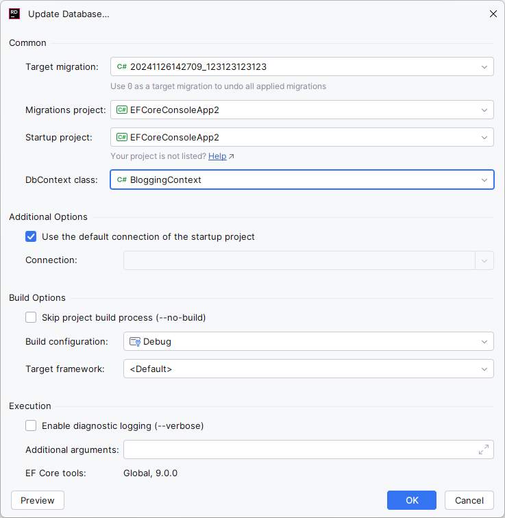 JetBrains Rider: Entity Framework Core: Update Database JetBrains Rider: Entity Framework Core: Update Database