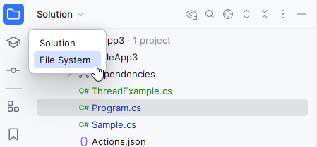 JetBrains&nbsp;Rider: choosing a view in the Solution Explorer