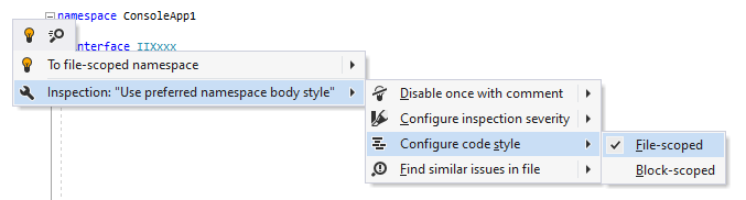 JetBrains Rider: Changing code style preference for namespace body JetBrains Rider: Changing code style preference for namespace body