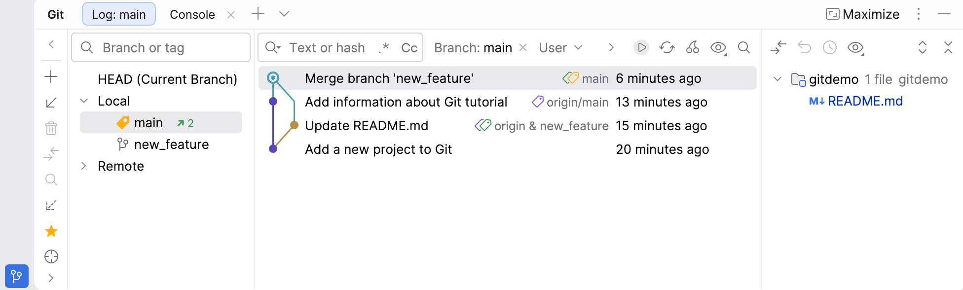 The Git Log tab