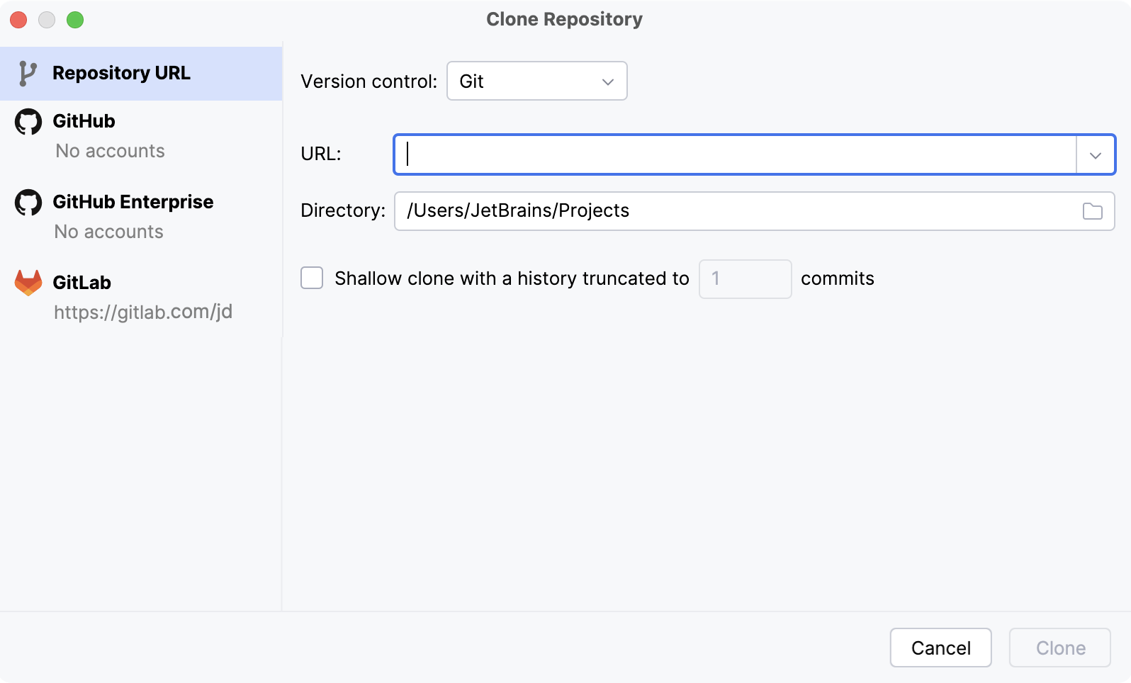 Clone Repository dialog Clone Repository dialog