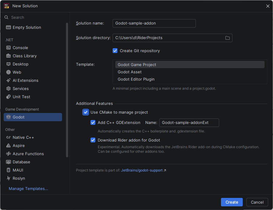 JetBrains&nbsp;Rider: New Solution dialog with Godot project settings