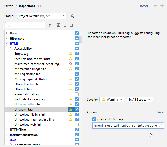 JetBrains&nbsp;Rider: Inspection options for unknown HTML tag