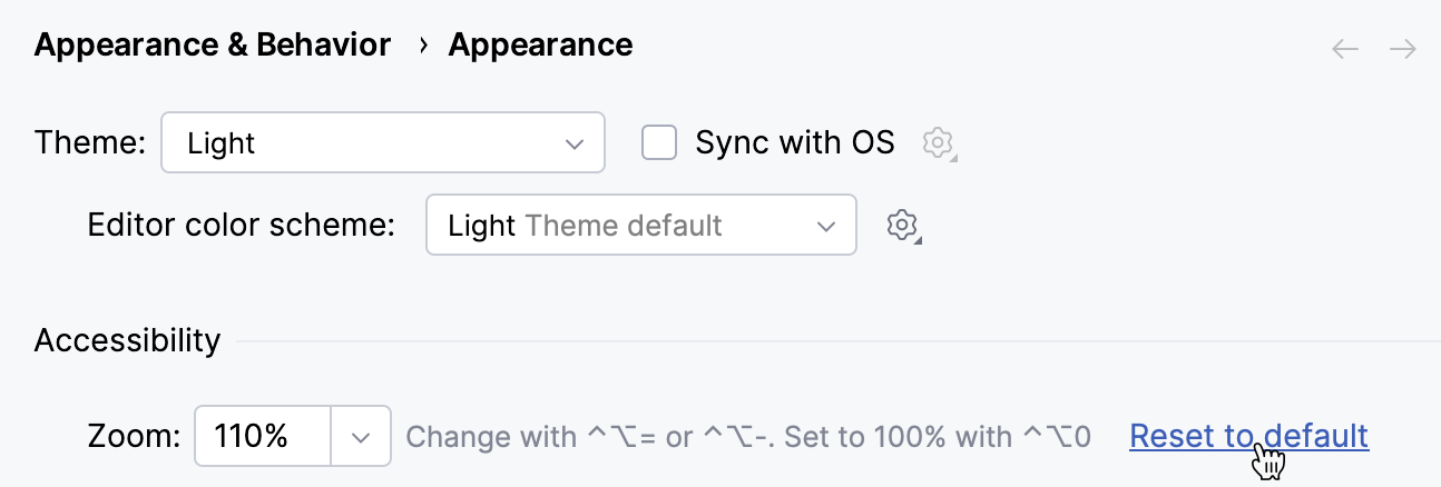 Appearance settings with Zoom field at 110%, Reset to default link, and keyboard shortcuts displayed