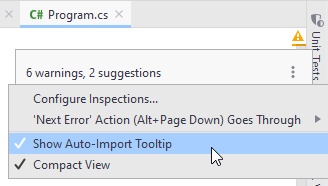 JetBrains Rider: Choosing import popup mode from the context menu of the file status indicator JetBrains Rider: Choosing import popup mode from the context menu of the file status indicator