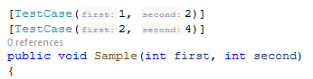 JetBrains&nbsp;Rider: Inlay hings for NUnit TestCase attribute