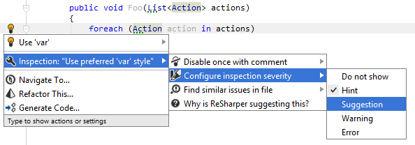Changing inspection severity level Changing inspection severity level