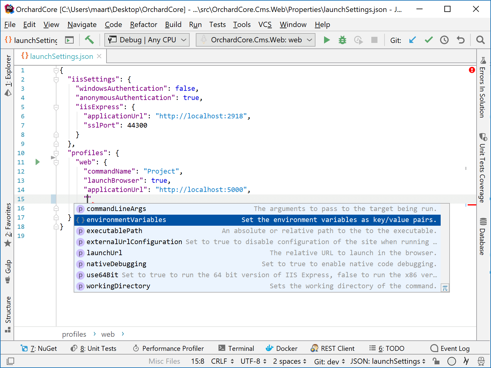 JetBrains&nbsp;Rider: Coding assistance for editing launchSettings.json