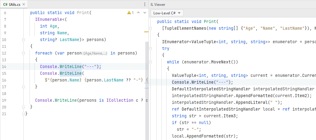 JetBrains Rider: Comparing original and low-level C# code JetBrains Rider: Comparing original and low-level C# code